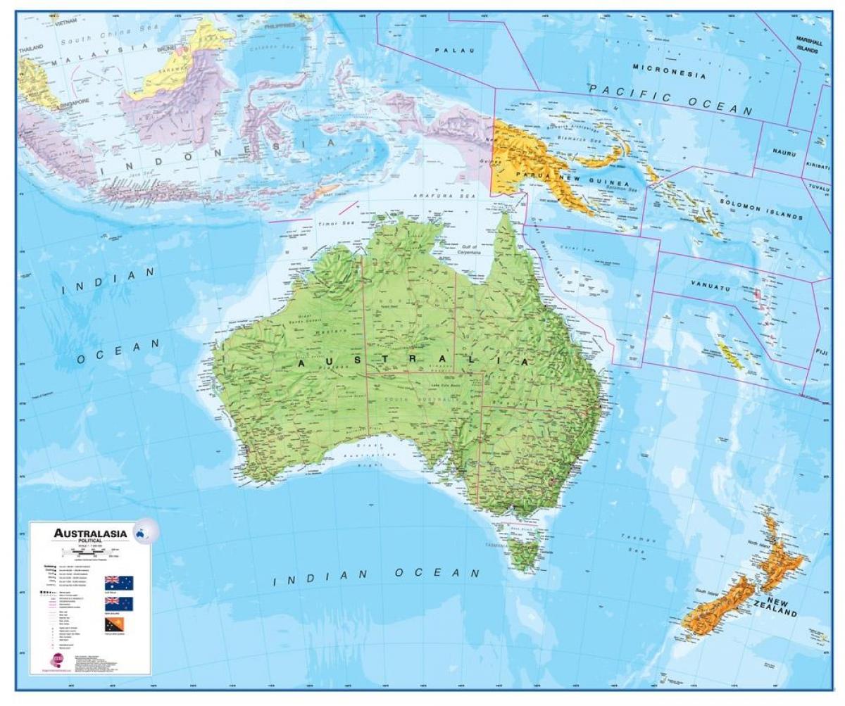 Mappa di australia e nuova zelanda fisico