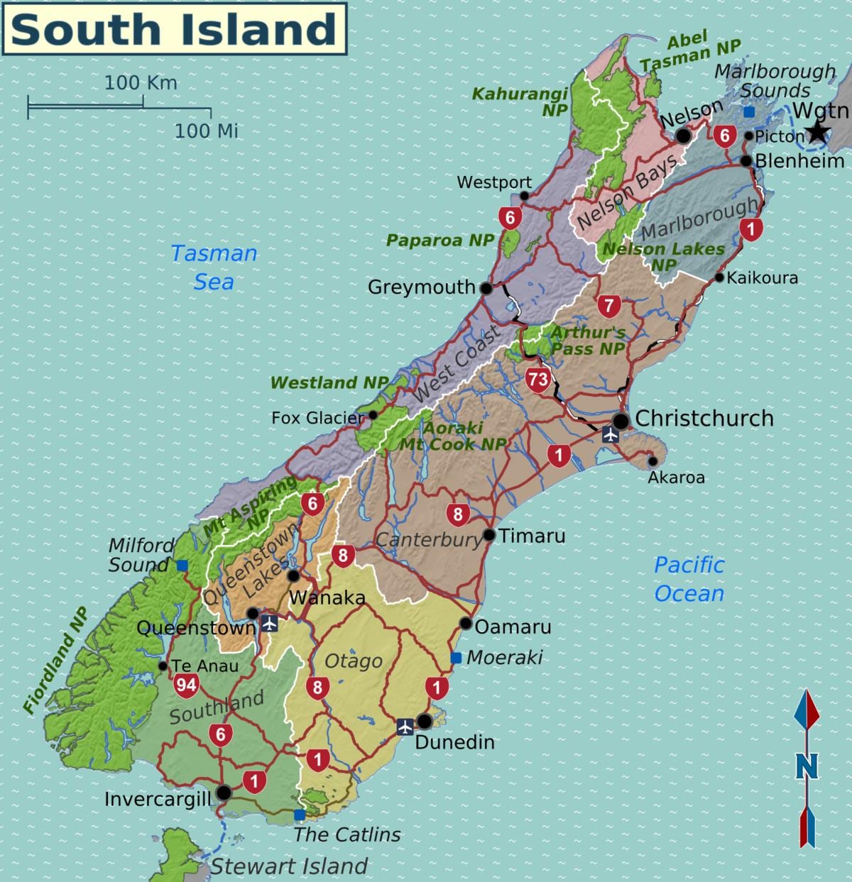 Mappa di isola del sud nuova zelanda regioni