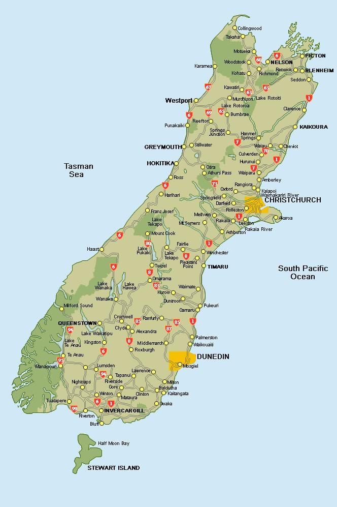 nuova zelanda mappa dell'isola del sud della road map
