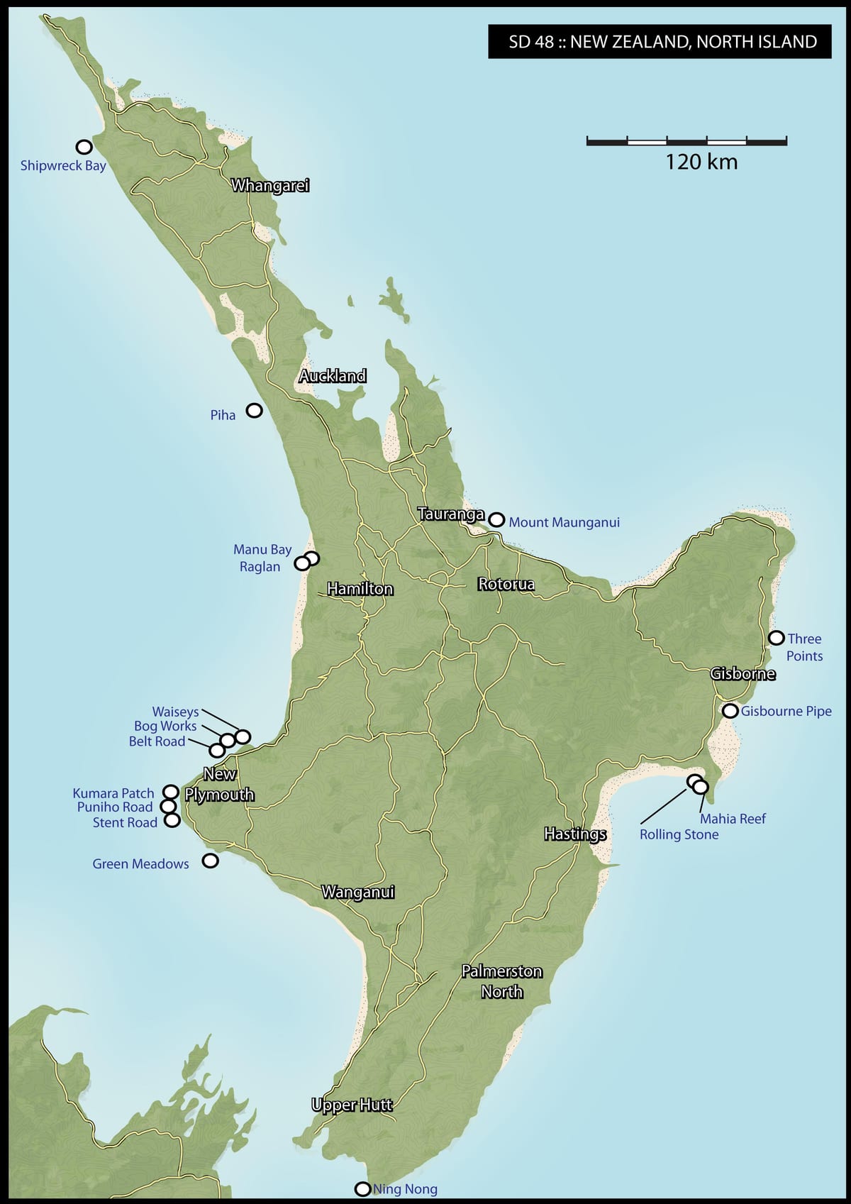 La mappa della nuova zelanda surf