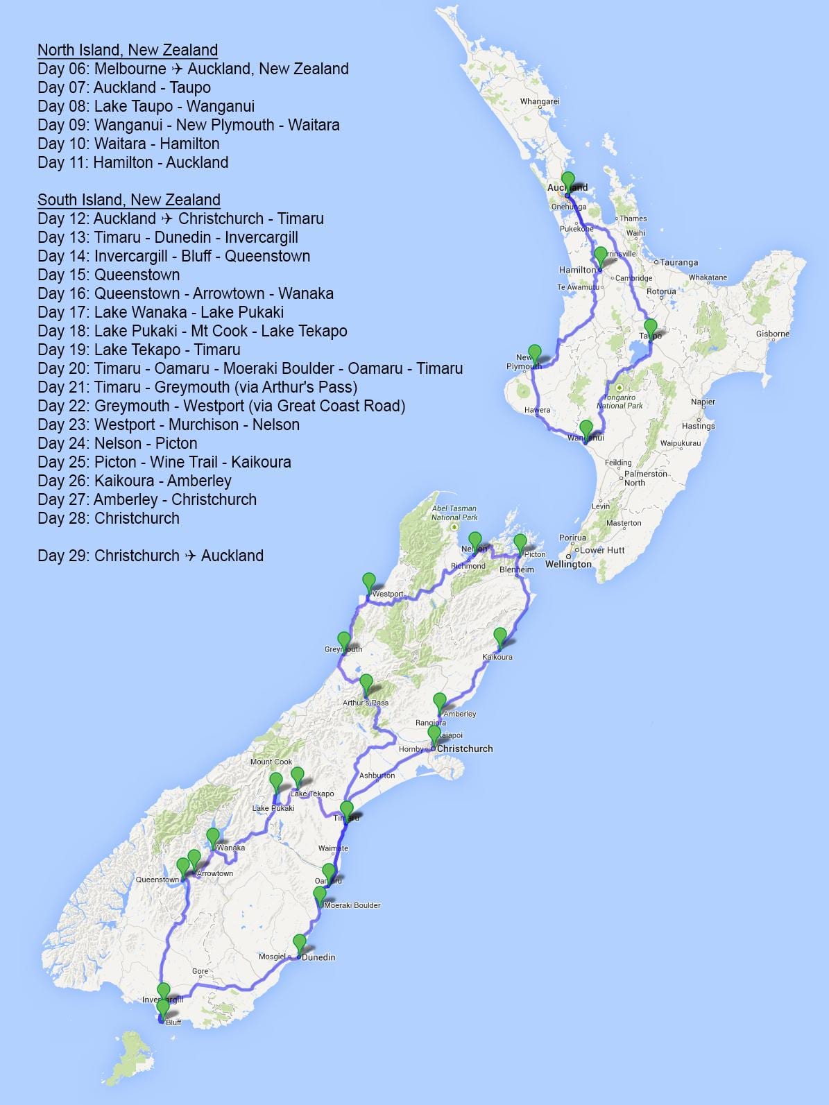 La mappa della nuova zelanda viaggio di strada