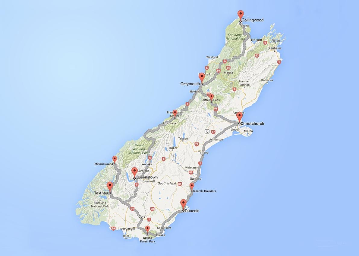 la mappa stradale di isola del sud, nuova zelanda
