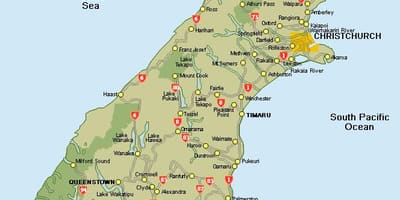 Nuova zelanda mappa dell'isola del sud della road map